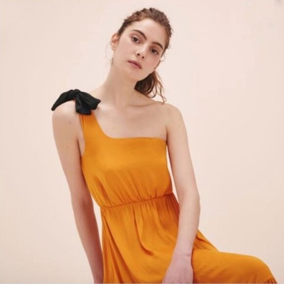 Maje Rasti One Shoulder Satin Dress Jaune Mustard Yellow Size 2 Medium - Picture 3 of 8